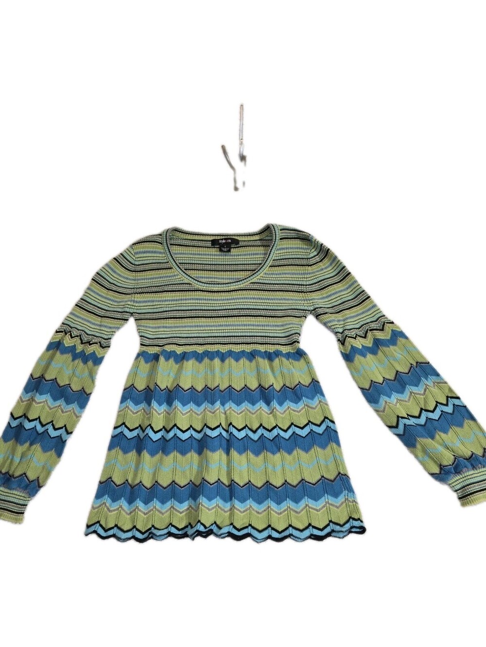 top Sz S 💯 cotton Blue Green Chevron Pattern Baby Doll Peplin 90s Punk Grunge